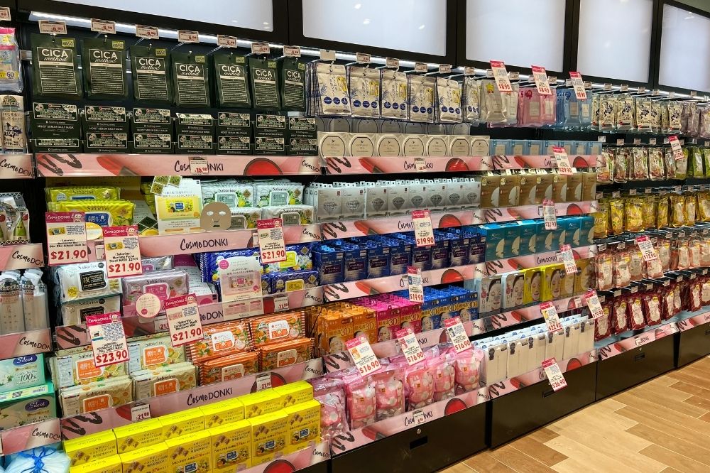 Rows of beauty and health products in the store - much bigger section than your usual Don Don Donki store. 